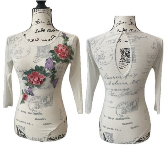 SHEER BODYSUIT EMBROIDERED FLORAL SZ S 3/4 SLEEVE PREPPY SEXY CHIC AESTHETIC - Picture 3 of 16
